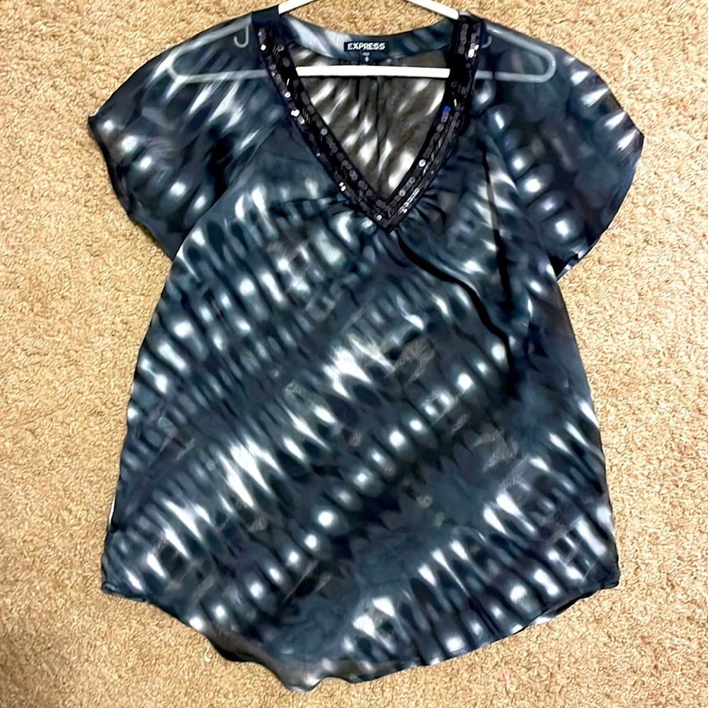 Black and white shear top with sequin collar